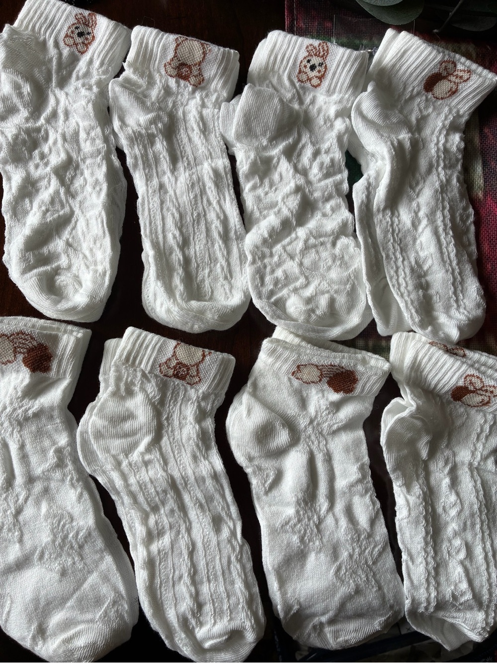 White Knit Crew Socks with Brown Bear Accent - (Brand Unspecified) 8 pairs